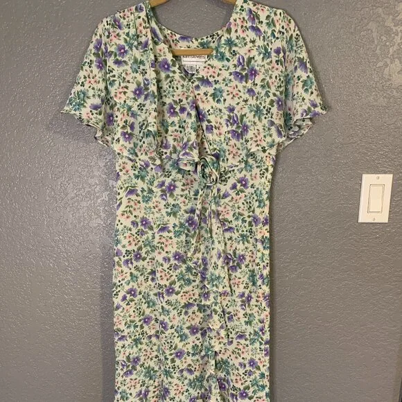 Vtg Karin Stevens Cottage Core Floral Feminine Tea Dress Rayon Size 8 - Picture 1 of 8